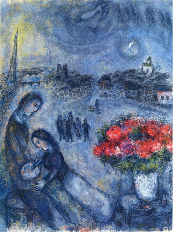 Brautpaar mit Paris im Hintergrund Zeitgenosse Marc Chagall Ölgemälde